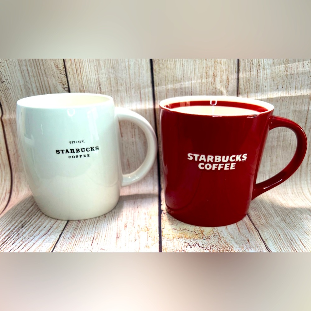 2 Starbucks Coffee Mugs Red,White Tea, collectors, 14 oz mug